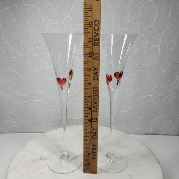 Heart Champagne Flutes 11.5" Red Bohemia Blown Glass Wedding Toast Set of 2 - Picture 11 of 16